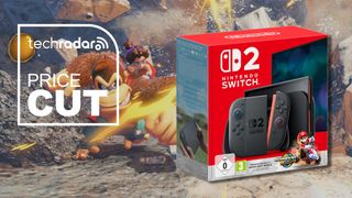 The Nintendo Switch 2 + Mario Kart World Bundle retail box against a background image showing Donkey Kong punching through rocks.