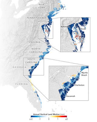 Map of measuring the the movement of coastal land from New England down to Florida.