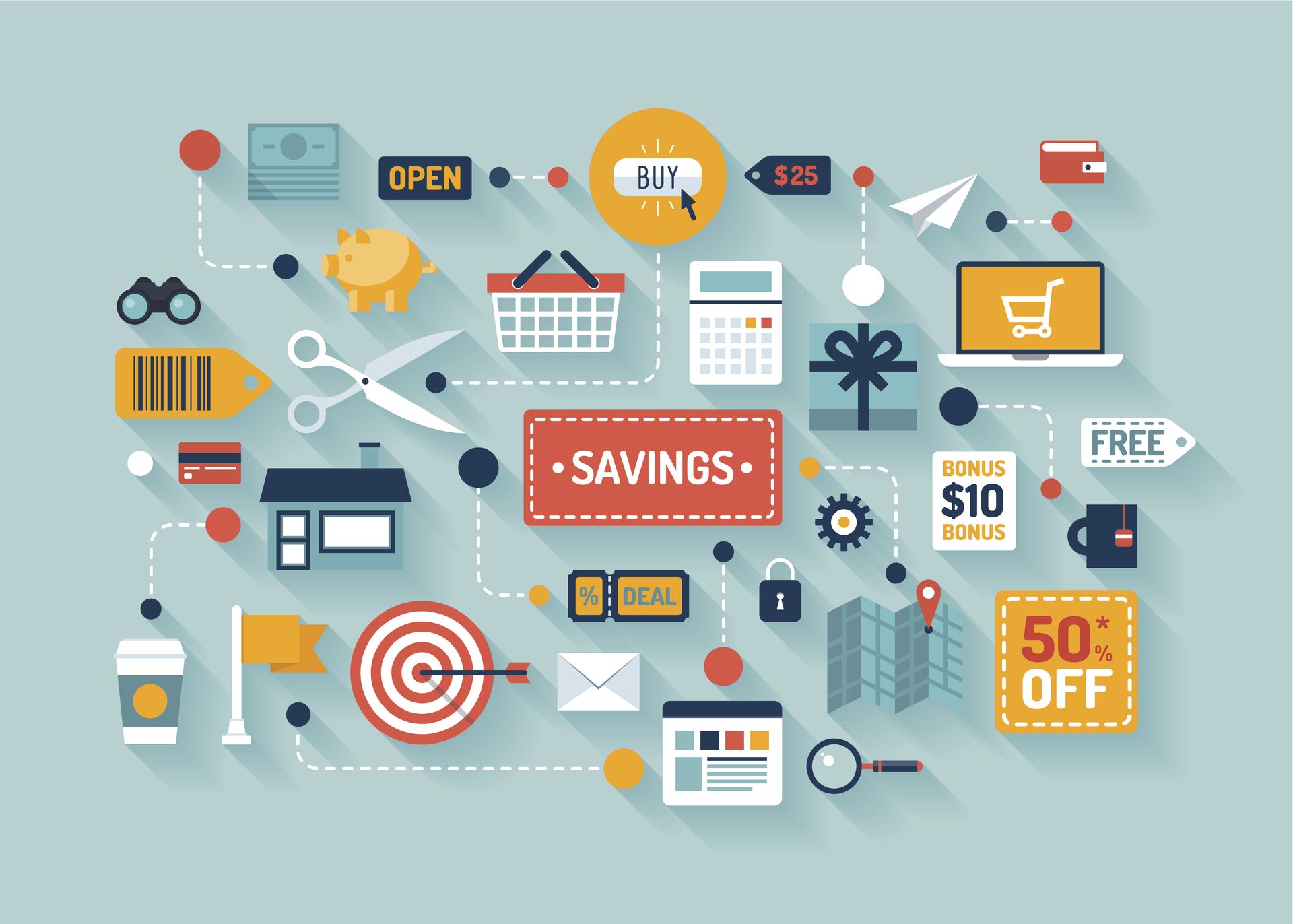 Illustration of retail commerce, savings and marketing elements.