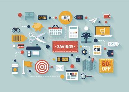 Vector illustration concept with icons of retail commerce and marketing elements.