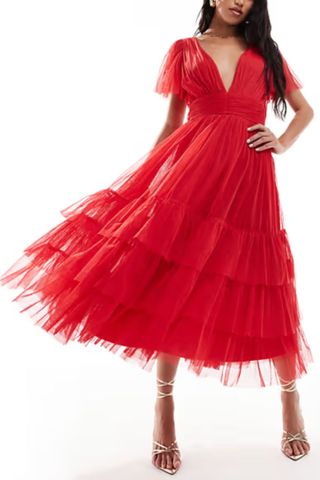 Lace & Beads Madison v neck tulle midi dress in red