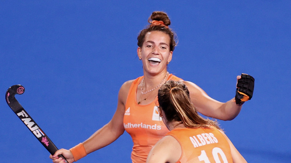 Frederique Matla of Team Netherlands celebrates ahead of the hockey live streams at Olympics 2024 