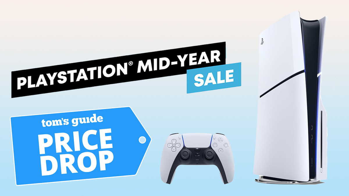 PlayStation 5 Slim with Playstation Mid-Year sale logo and Tom&#039;s Guide Price Drop badge on bottom left corner