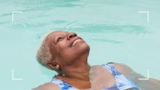 Woman floating in pool, swimming in costume and smiling, after using biological age calculator