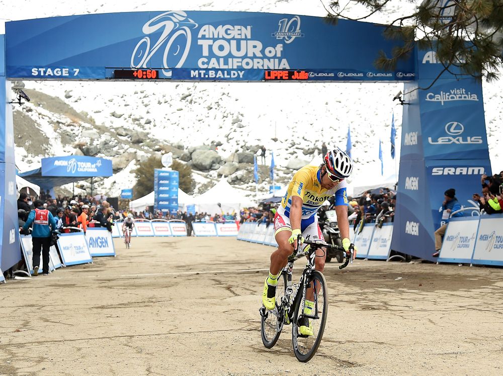 Peter Sagan finishes stage 7 of the 2015 Tour of California on Mt. Baldy.