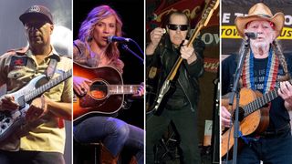 (from left) Tom Morello, Sheryl Crow, Link Wray and Willie Nelson perform onstage