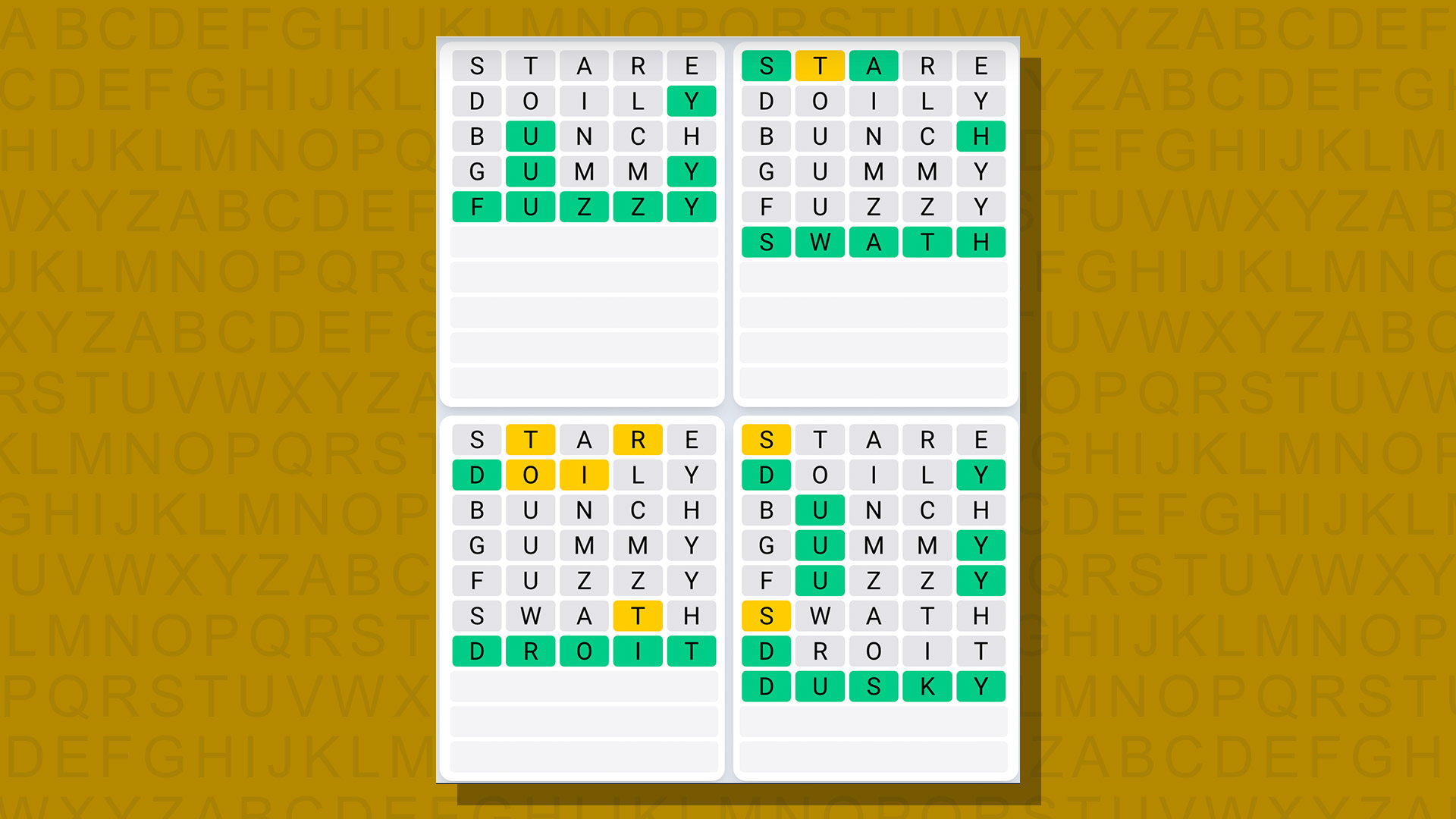 Quordle daily sequence answers for game 668 on a yellow background