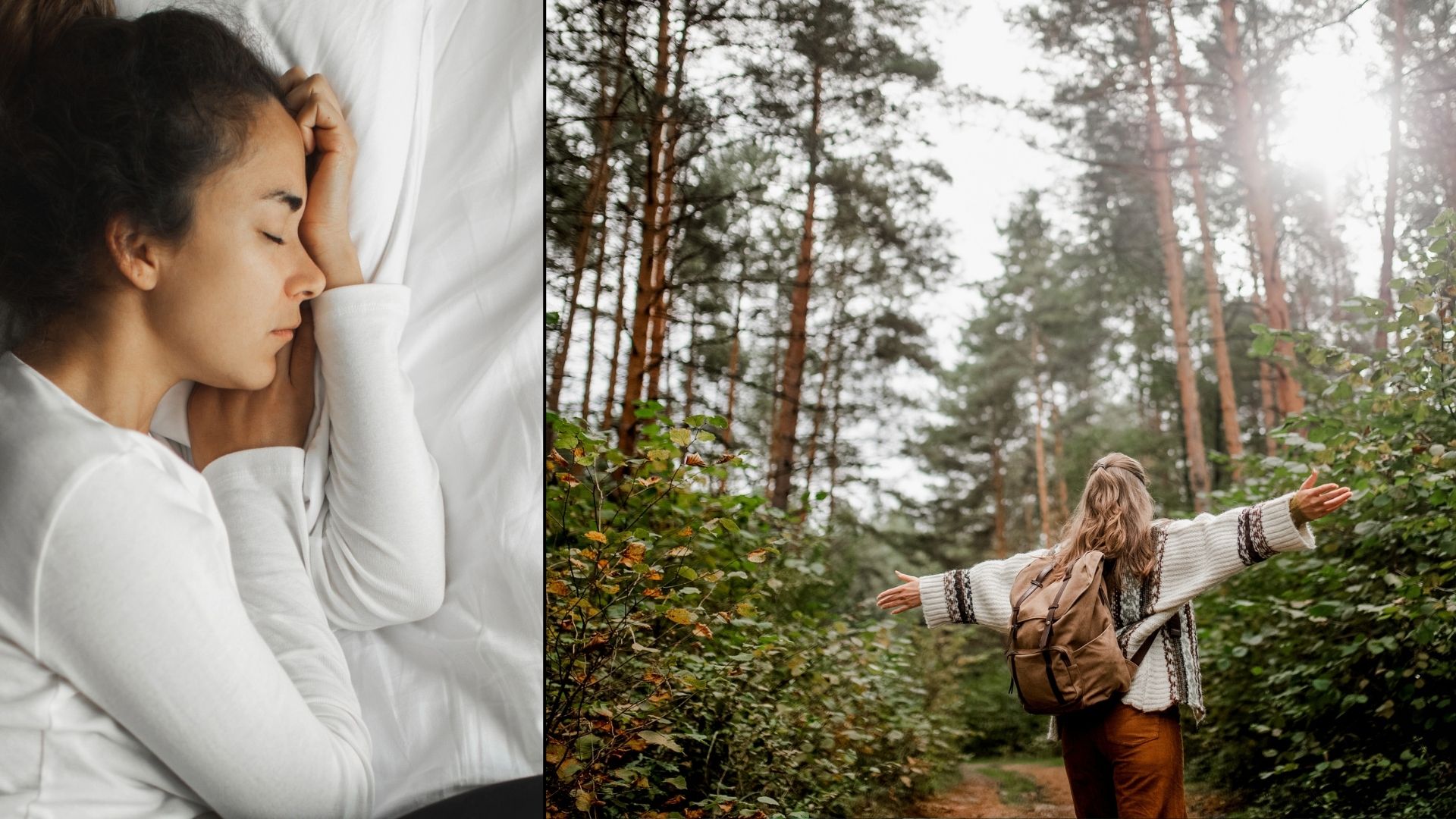 The composite image shows a dark haired woman wearing white pyjamas sleeping in bed on the left, and a blonde haired woman walking through a forest with her arms outstretched on the right
