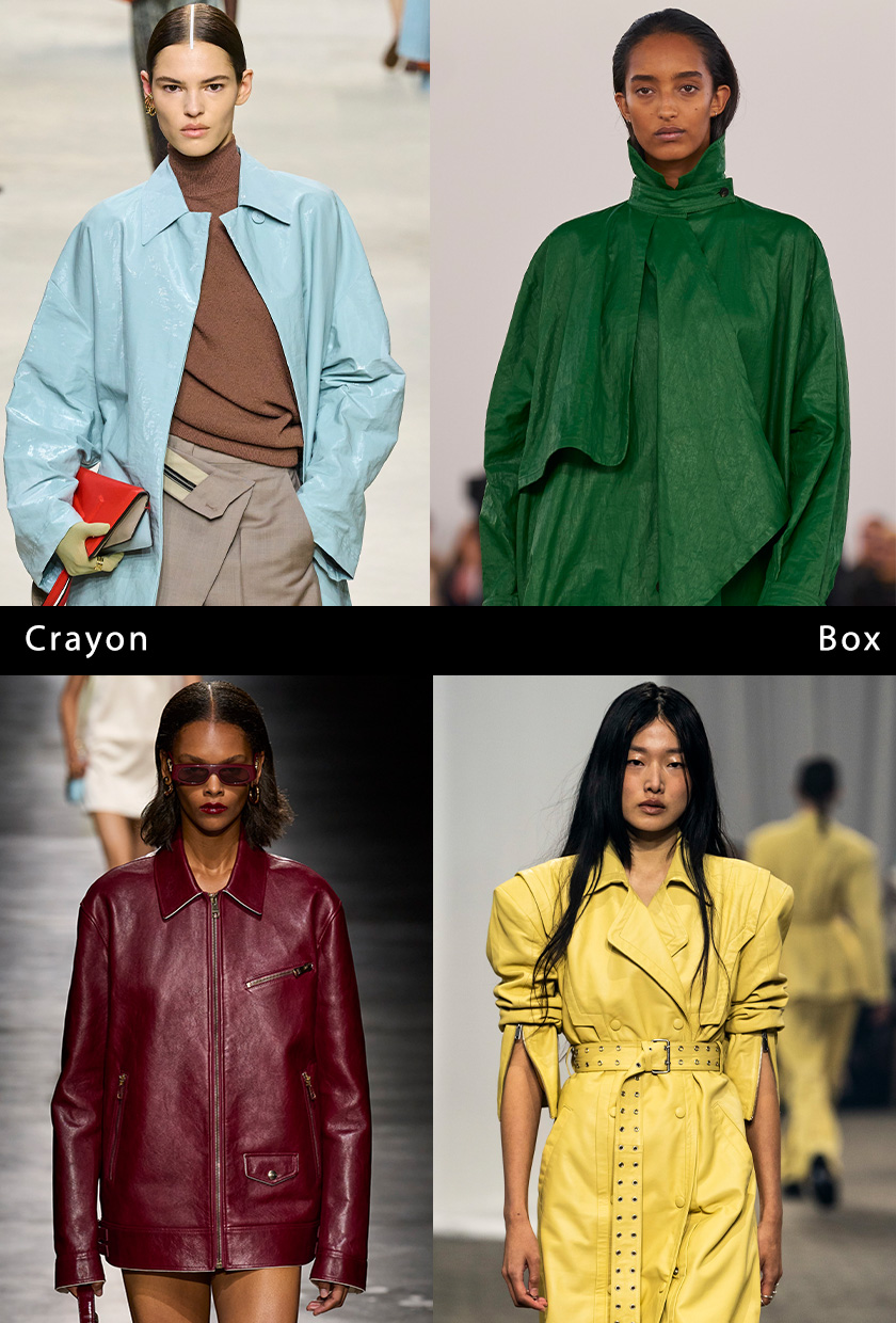 a collage of models on the runway wearing the colorful spring jacket trend