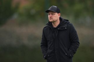 Brian Sorensen, Manager of Everton, looks on during the Barclays Women's Super League match between Everton and West Ham United at Walton Hall Park on October 13, 2024 in Liverpool, England.