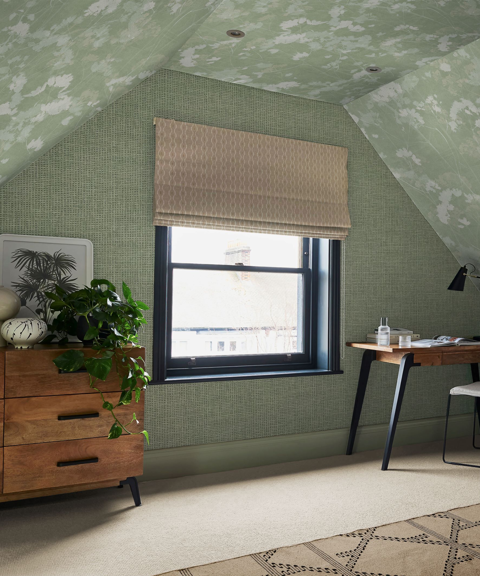 green textured wallpaper on wall with green floral paper on ceiling