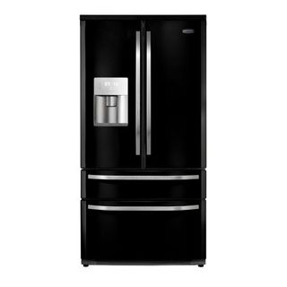 Large black fridge freezer with double refrigeration doors and two freezer drawers underneath, all with silver handles, and a water dispenser