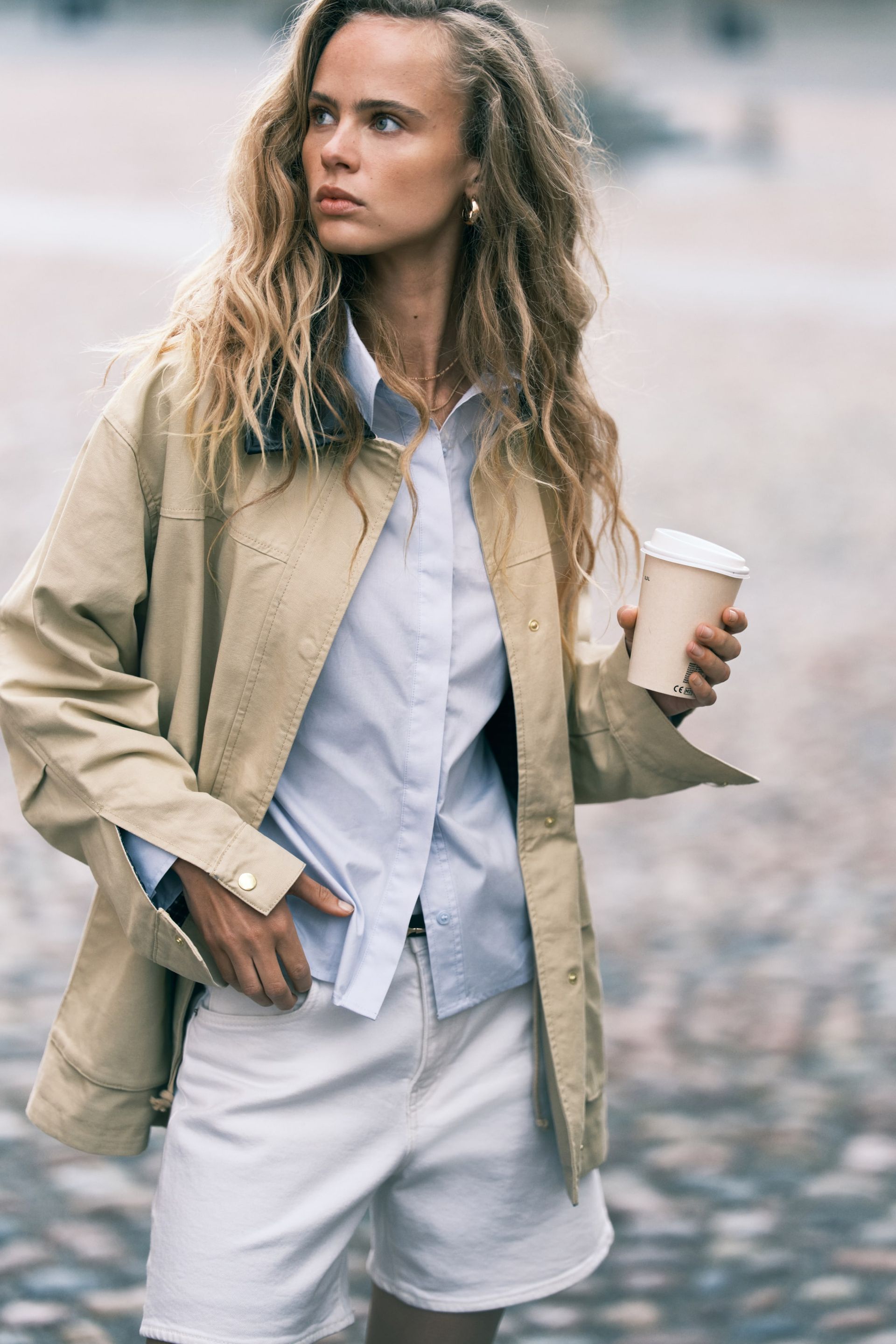 Coated-Collar Twill Jacket - Light Beige
