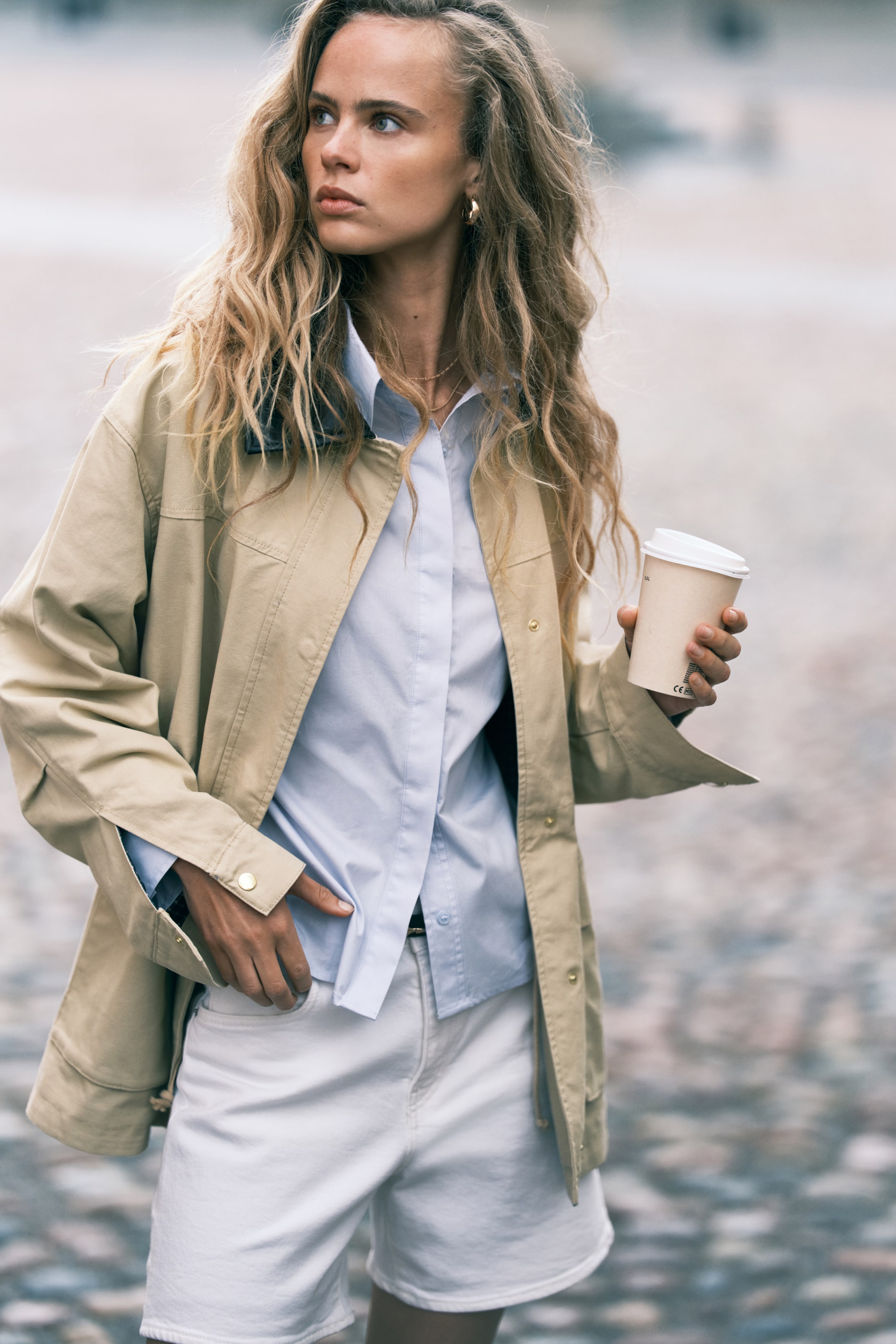 Coated-Collar Twill Jacket - Light Beige