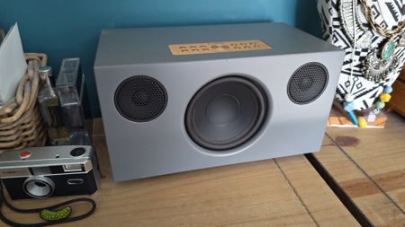 The Audio Pro C10 MkII wired speaker in a chest of drawers. 
