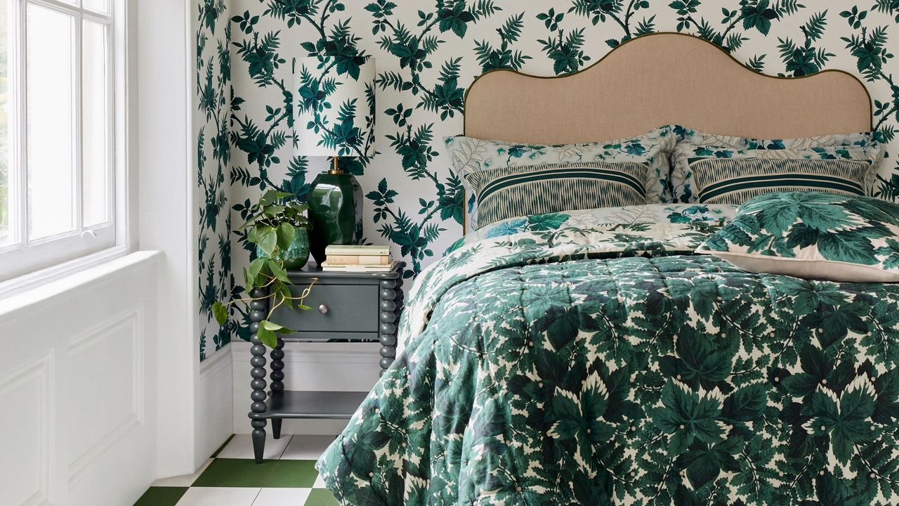 John Lewis x Collagerie collection filled with botanical patterns shown in a bedroom