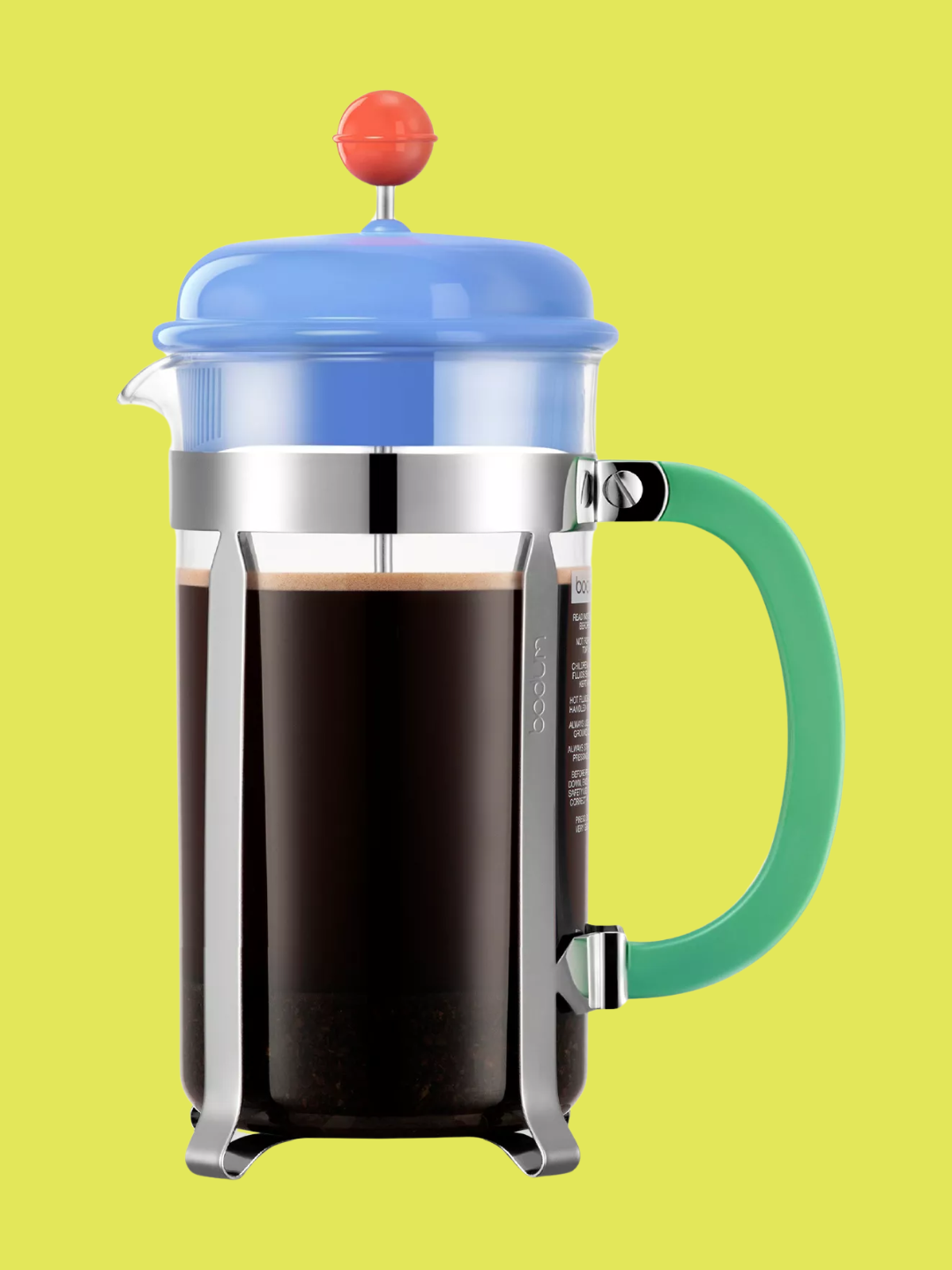 A French press with a colorful top and handle from Bodum x MOMA