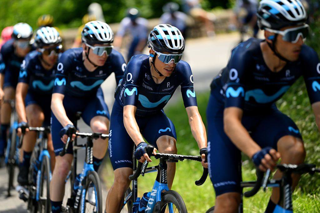 BRIVESCHARENSAC FRANCE JUNE 06 Enric Mas Nicolau of Spain and Movistar Team competes during the 74th Criterium du Dauphine 2022 Stage 2 a 1698km stage from SaintPray to BrivesCharensac WorldTour Dauphin on June 06 2022 in BrivesCharensac France Photo by Dario BelingheriGetty Images
