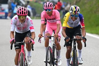 Egan Bernal and Richard Carapaz attacking Isaac del Toro on stage 15