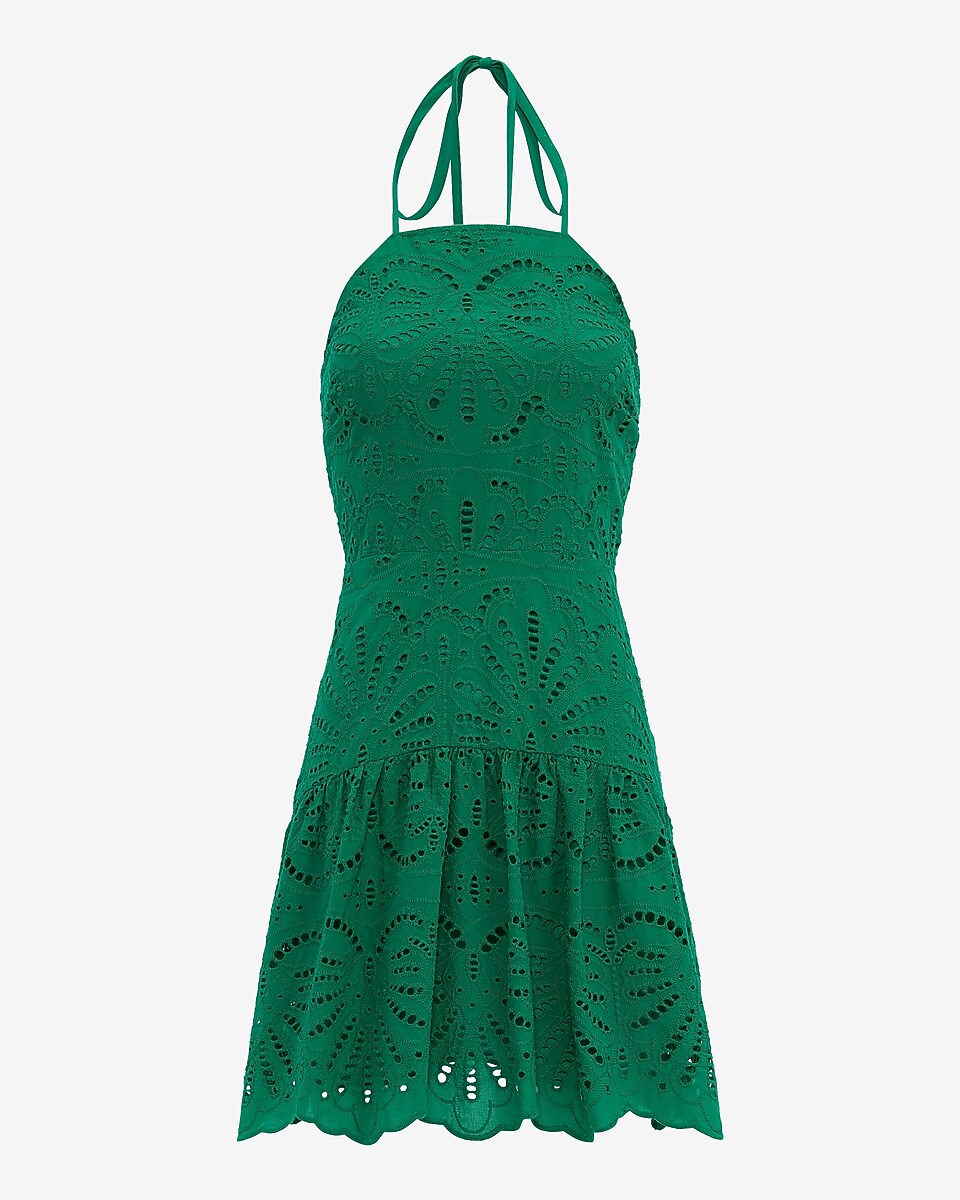 Eyelet Tie Halter Drop Waist Smocked Back Mini Dress