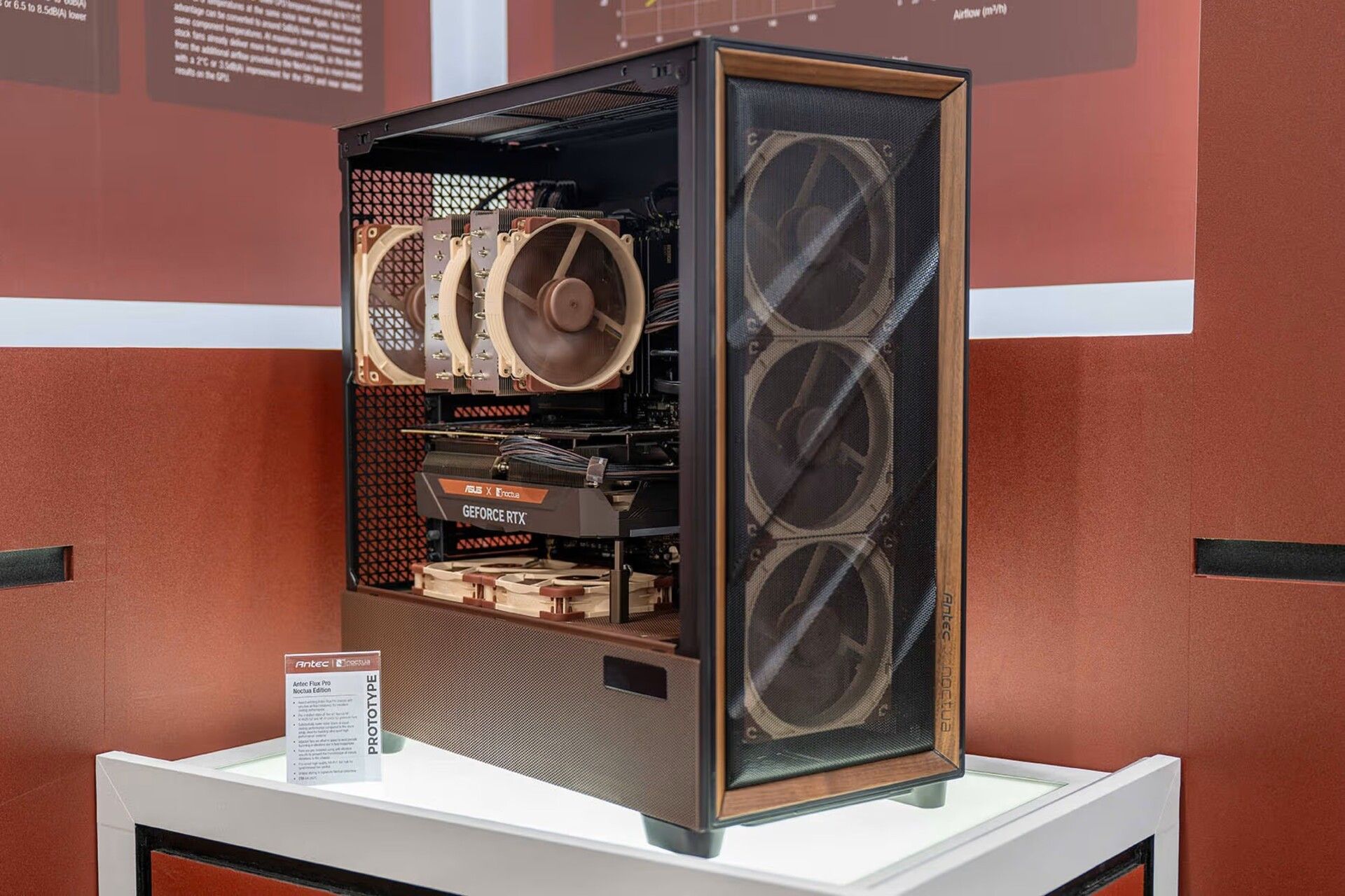 Noctua teases upcoming PC case with brown color scheme and bundled fans — appears to be Antec Flux Pro Noctua Edition with NF-A14x25 G2 fans
