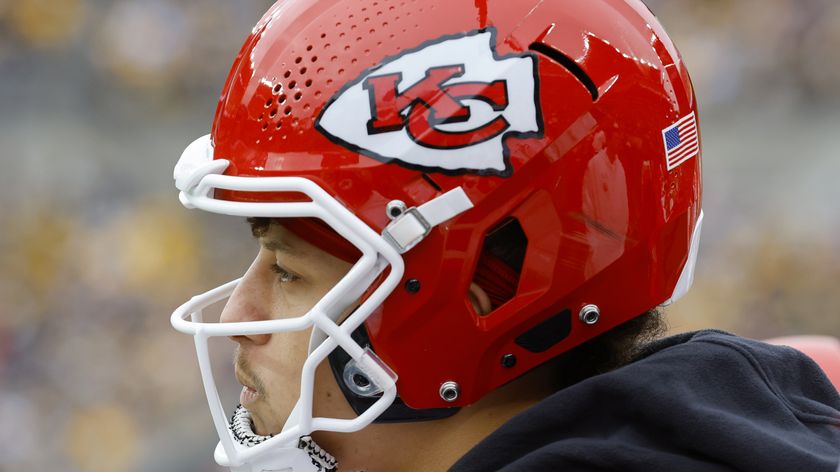 Patrick Mahomes #15 of the Kansas City Chiefs sports a red helmet with the KC logo on the side in the build up to the Texans vs Chiefs NFL Divisional Round clash on Saturday, January 18, 2025 for a place in Super Bowl LIX.