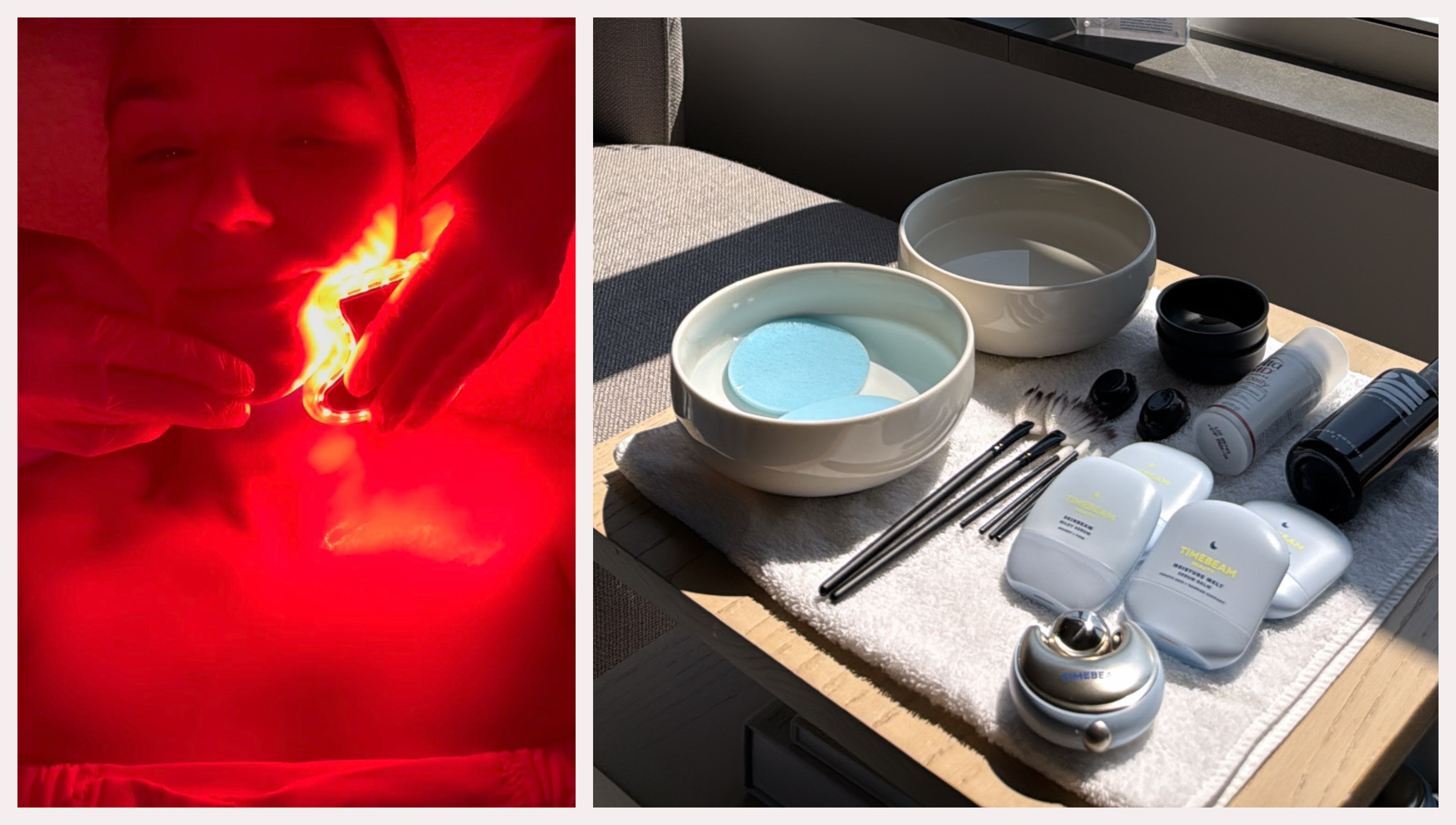 a table with tools for lymphatic drainage and a picture of a woman getting a lymphatic drainage facial with red light