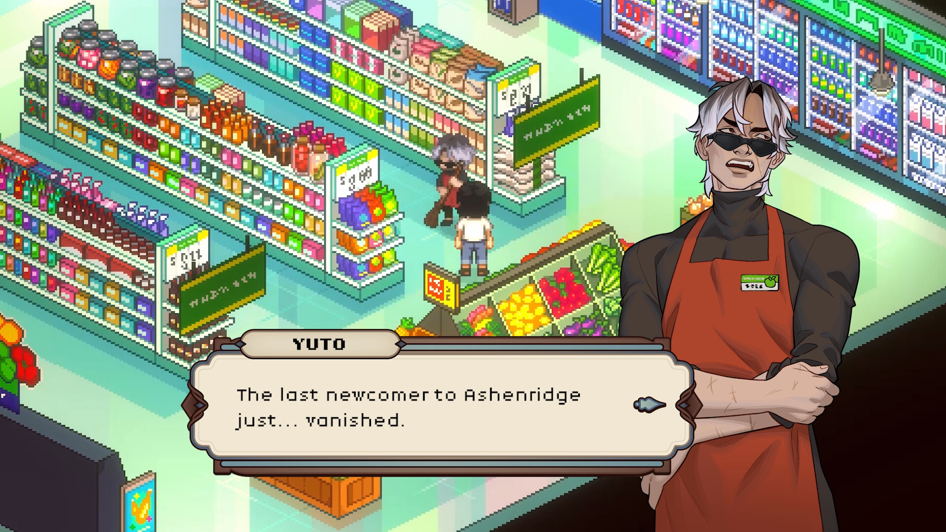 Grave Seasons screenshot of Yuto, who wears shades and apron and has short white hair, tells the protagonist the last newcomer "vanished"
