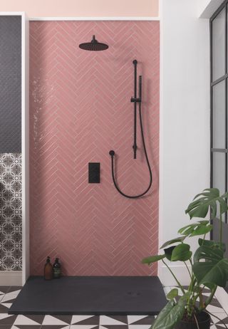 shower tile ideas pink using chevron shower tiles