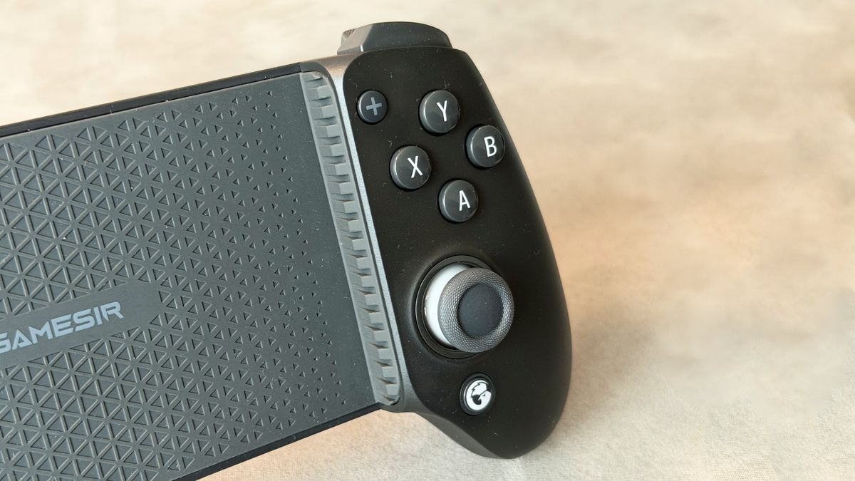 A black model of the GameSir G8 Plus Bluetooth mobile controller on a clean grey surface.