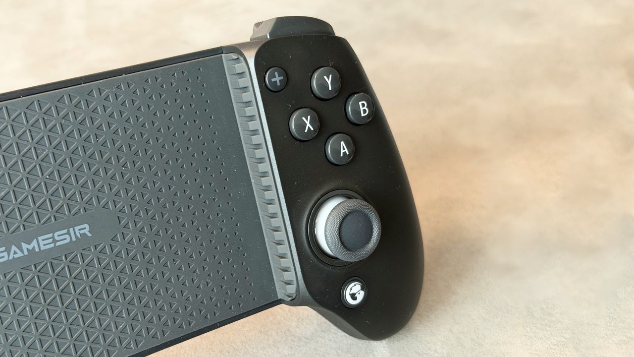 A black model of the GameSir G8 Plus Bluetooth mobile controller on a clean grey surface.