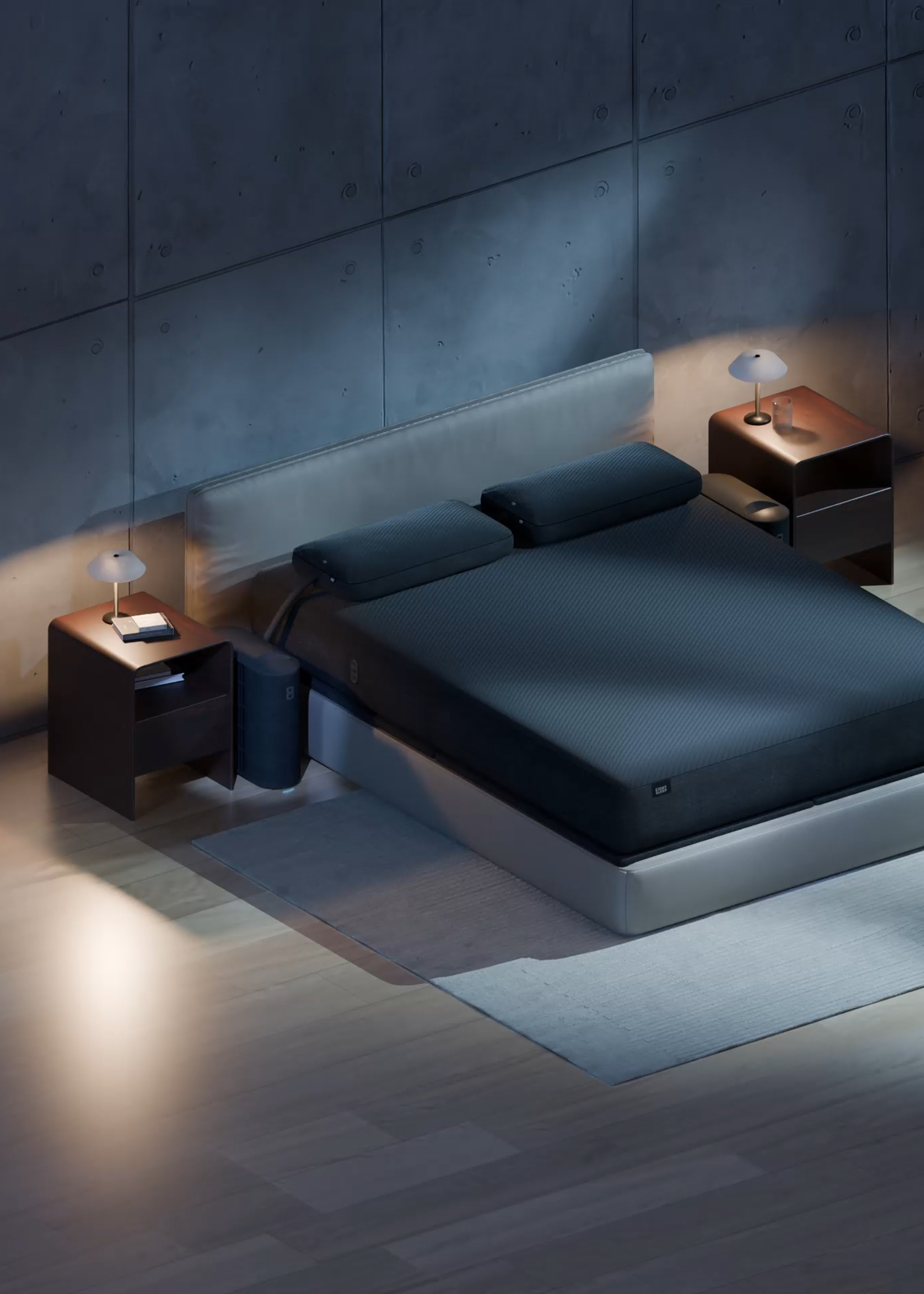 A smart sleep mattress in a large room