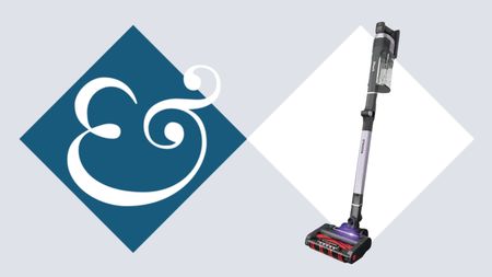 Shark Stratos Cordless Vacuum on tile background next to Homes & Gardens '&' logo.