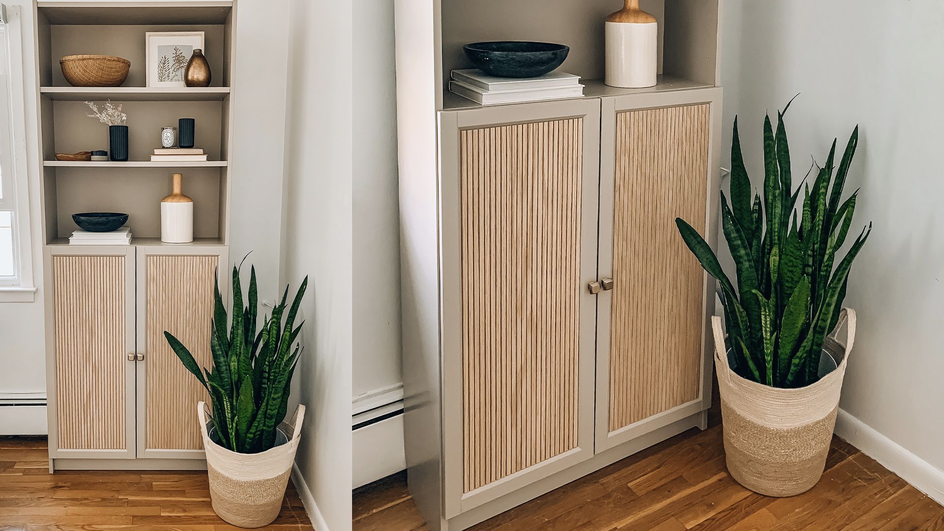 Neutral freestanding closet with textured doors