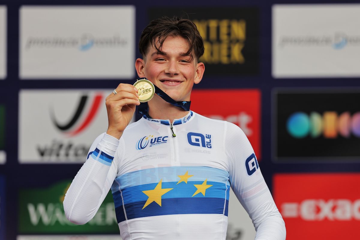 Picture by Alex Whitehead/SWpix.com - 20/09/2023 - Cycling - UEC Road European Championships 2023 - Elite Men Individual Time Trial - Drenthe, Netherlands - Joshua Tarling of Great Britain on the podium receiving the gold medal