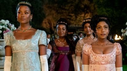 Bridgerton. (L to R) Simone Ashley as Kate Sharma, Adjoa Andoh as Lady Danbury, Shelley Conn as Mary Sharma, Charithra Chandran