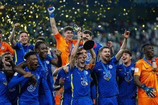 Players of Chelsea celebrate their victory after the FIFA Club World Cup UAE 2021 Final match between Chelsea and Palmeiras at Mohammed Bin Zayed Stadium in Abu Dhabi, United Arab Emirates on February 12, 2022. Chelsea beat Palmeiras 2-1 in extra time to win FIFA Club World Cup.