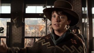 Michael J. Fox talking in the middle of a saloon in Back To The Future: Part III.