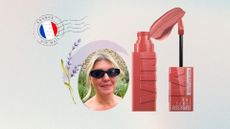 a light blue backdrop with an image of a French postal mark, an illustration of a stem of lavender and a circular frame containing an image of beauty editor Fiona McKim pictured with sunglasses on wearing nude lip stain next to an image of Maybelline Vinyl Lip Ink in peachy with a swatch of the formula