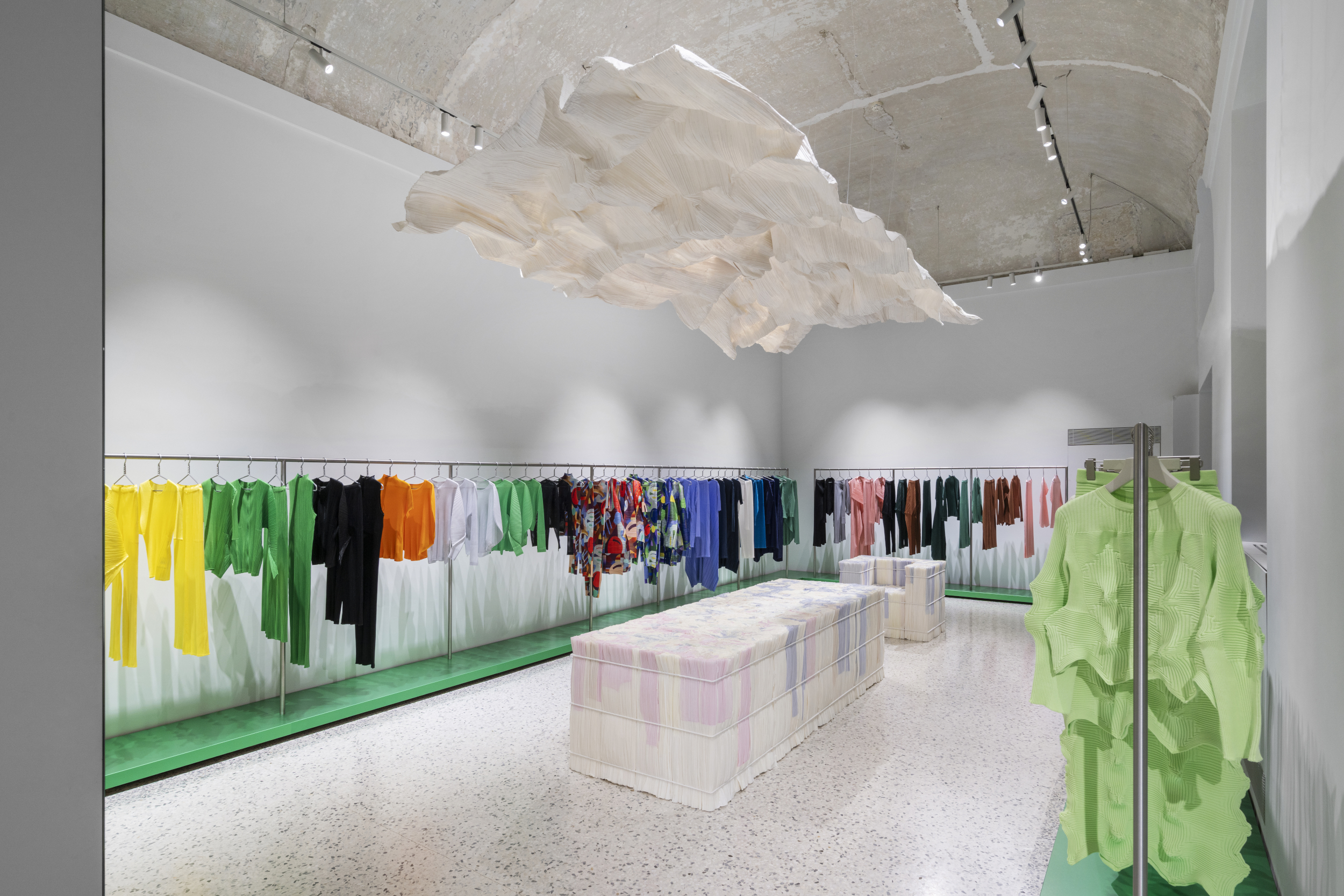 Sculptural paper installation at Issey Miyake store in Milan during Design Week 2026
