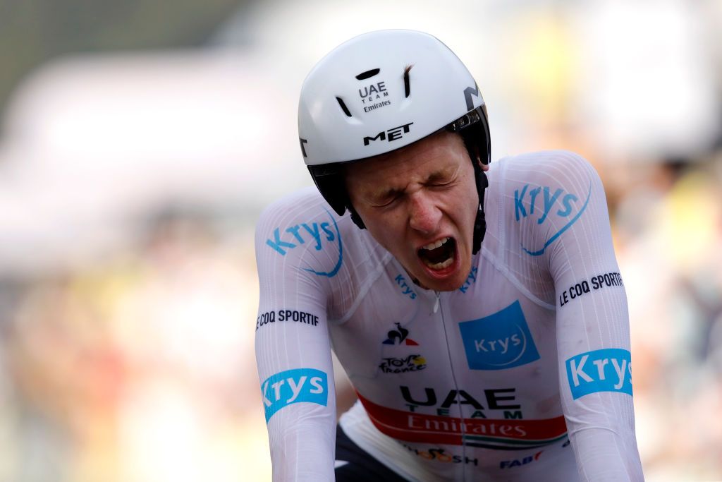 LA PLANCHE FRANCE SEPTEMBER 19 Arrival Tadej Pogacar of Slovenia and UAE Team Emirates White Best Young Jersey during the 107th Tour de France 2020 Stage 20 a 362km Individual Time Trial stage from Lure to La Planche Des Belles Filles 1035m ITT TDF2020 LeTour on September 19 2020 in La Planche France Photo by Christophe Ena PoolGetty Images