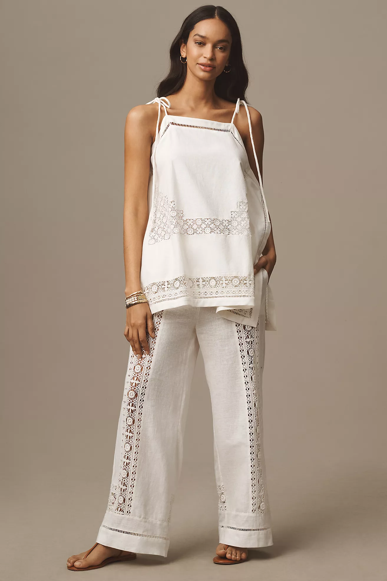 By Anthropologie Linen Lace Pull-On Trousers
