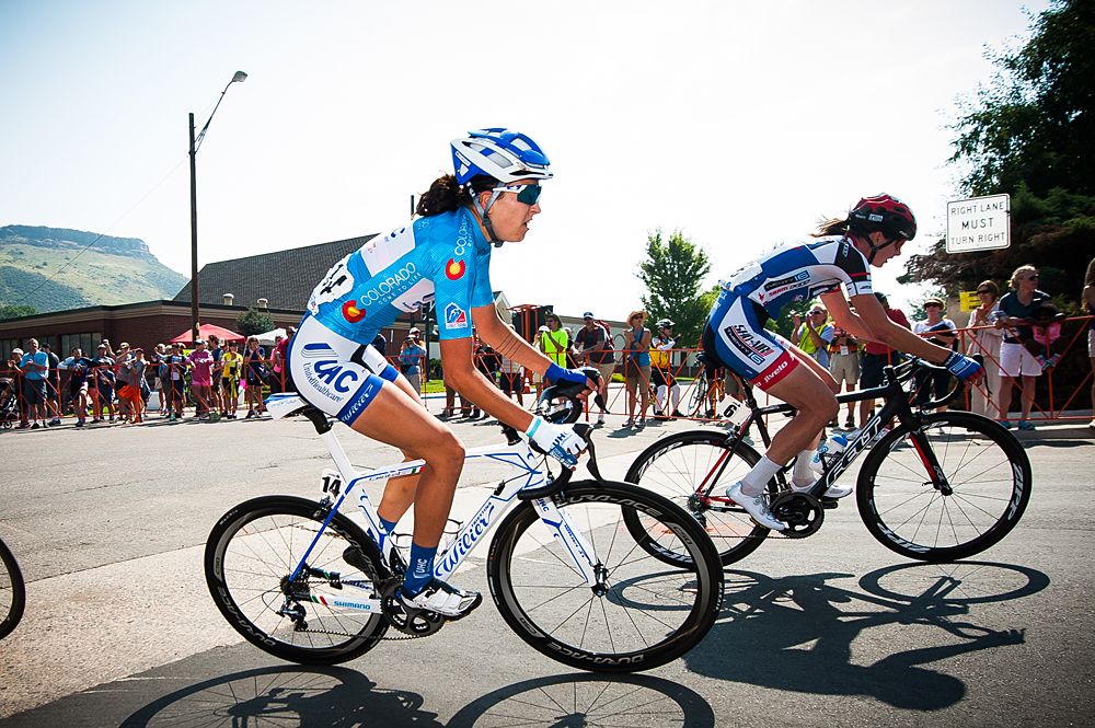 Abigall Mickey (UHC) dons the Young Rider Jersey as she makes her way through a corner before another climb greets her.