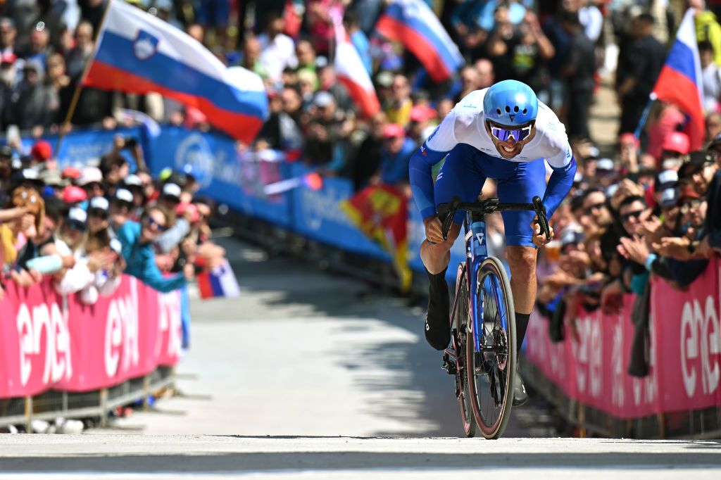 MONTE LUSSARI ITALY MAY 27 Michael Matthews of Australia and Team Jayco AlUla crosses the finish line during the 106th Giro dItalia 2023 Stage 20 a 186km individual climbing time trial stage from Tarvisio 750m to Monte Lussari 1744m UCIWT on May 27 2023 in Monte Lussari Italy Photo by Stuart FranklinGetty Images