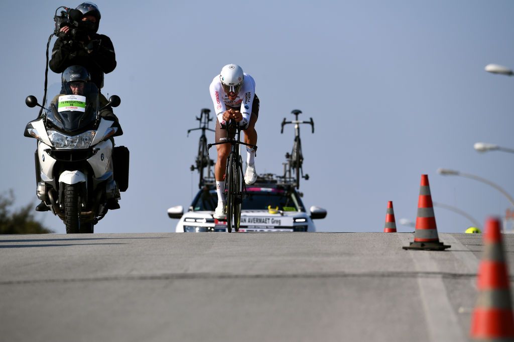 CAMAIORE ITALY MARCH 07 Greg Van Avermaet of Belgium and AG2R Citroen Team sprints during the 57th TirrenoAdriatico 2022 Stage 1 a 139km individual time trial from Lido di Camaiore to Lido di Camaiore TirrenoAdriatico on March 07 2022 in Camaiore Italy Photo by Tim de WaeleGetty Images