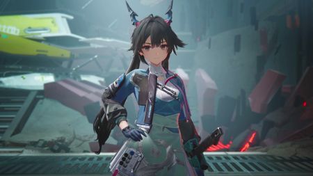 Arknights Enfield character Chen Qianyu with her hand on her hip, facing the main character when she first meets them