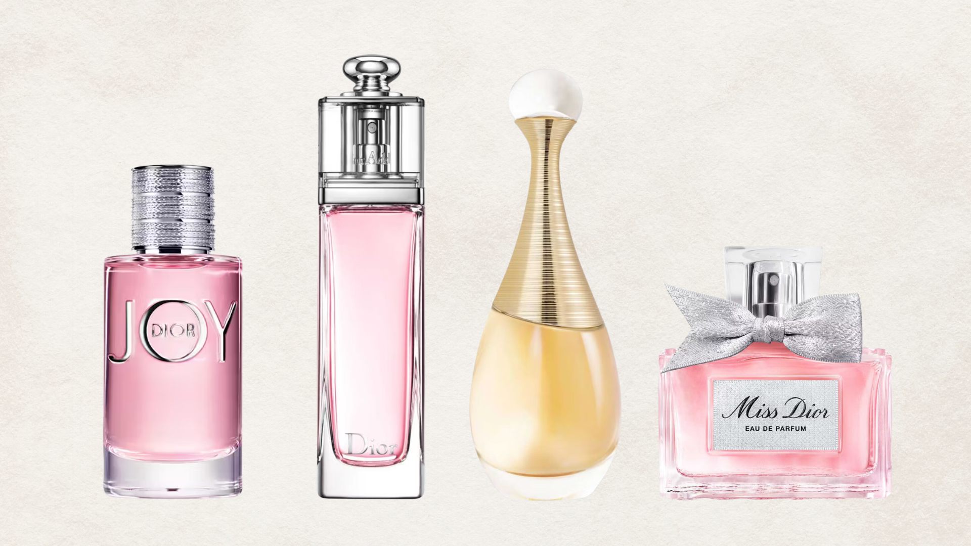 Four of the best Dior perfumes (left to right) Joy, Addict Fraiche, J&#039;adore and Miss Dior, set in front of a muted taupe background
