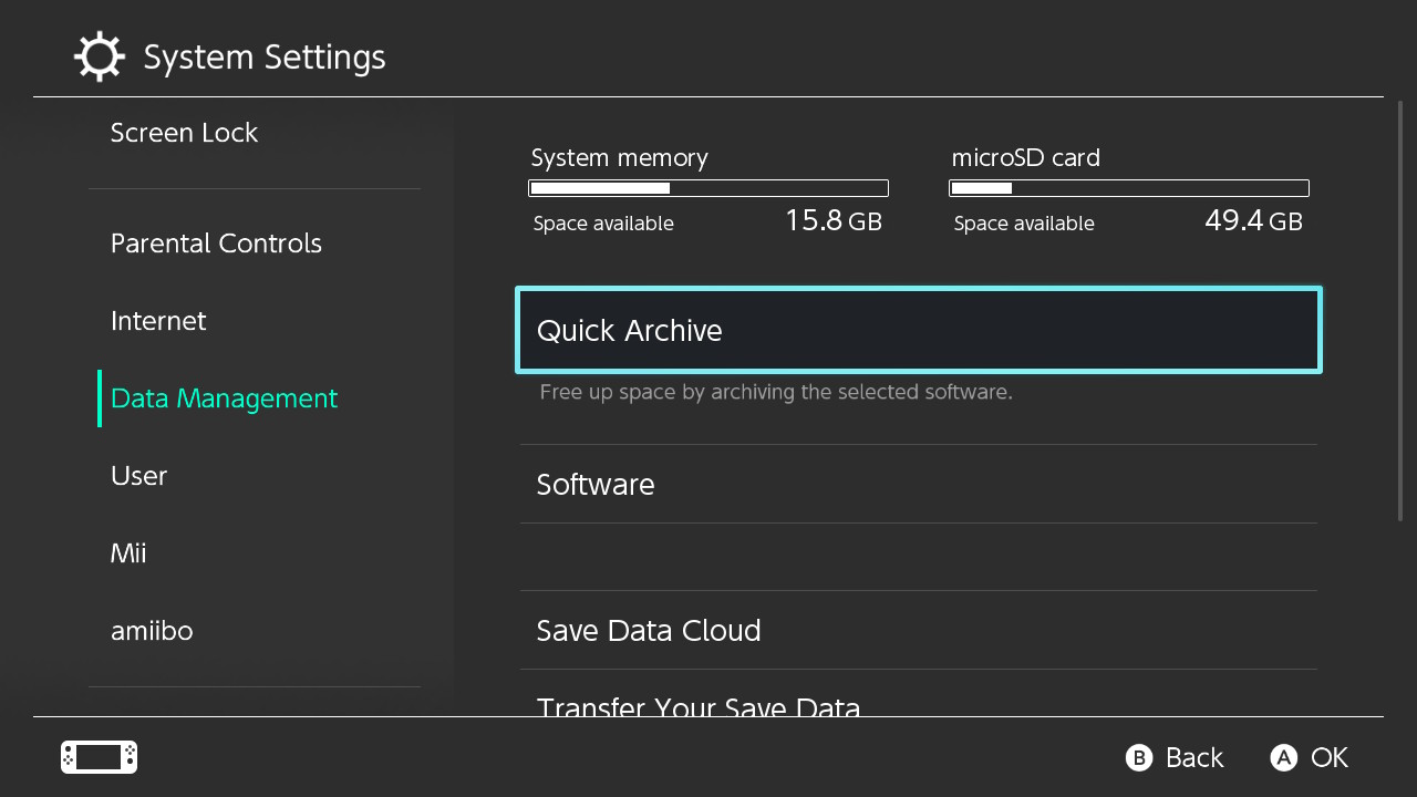 Nintendo switch data management