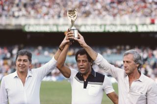 Brazil's World Cup-winning captains Mauro (1962, left), Carlos Alberto (1970, centre) and Hilderaldo Bellini (1958, right) pictured with the Jules Rimet trophy.