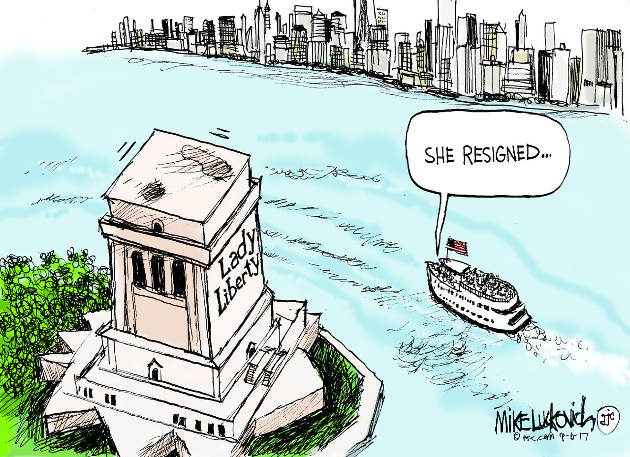 Political cartoon U.S. DACA Statue of Liberty resigns immigration